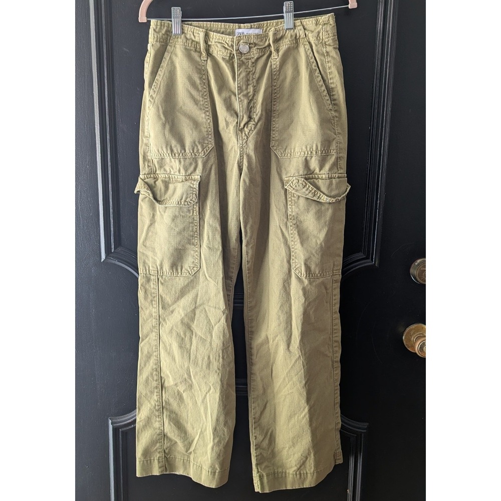 ZARA Cargo Pants Army Green Utility Pockets Straight Leg Baggy Casual Women's 4